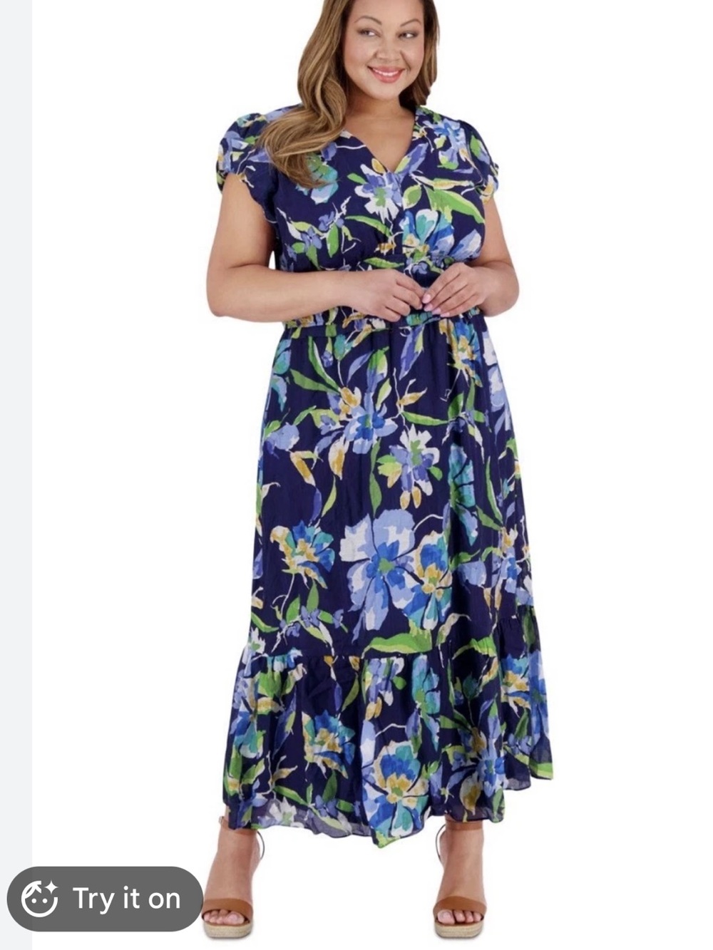 London Times Navy Floral Maxi Dress with Green Accents